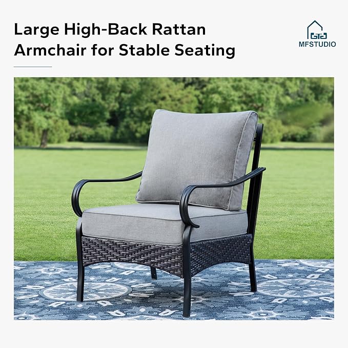 MFSTUDIO 5 PCS Outdoor Patio Furniture Set, Metal Outdoor Conversation Set, Rattan Wicker Patio Sectional Sofa Set with 2 x Fixed Single Sofa, 2-Seat and 3-Seat Sofa, 1 x Coffee Table, Grey