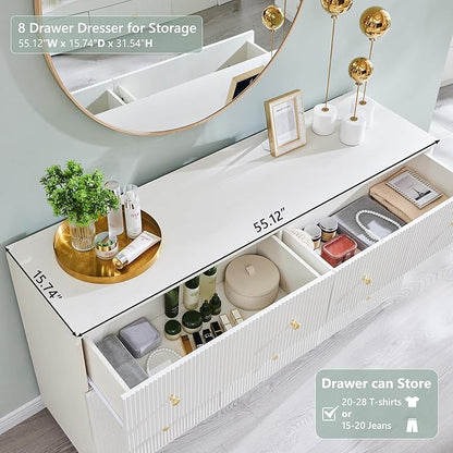 Fluted Dresser for Bedroom, 55" W White 8 Drawer Dressers, Wood Tall Dresser Storage Organizer, Modern Bedroom Chest of Drawer with Deep Storage for Closet Hallway, Entryway, Living Room White