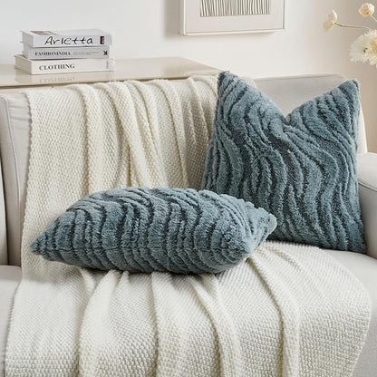 FUTEI Blue Decorative Throw Pillow Covers 24x24 Inch Set of 2,Soft Faux Fur Geometric Shapes Texture European Cushion Case,Boho Home Decor for Couch Bed Living Room