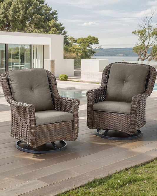 Patio Chairs Outdoor Swivel Glider - Set of 2 High Back Outside Brown Wicker Rattan Rocking Chair with Zippered Cushion for Porch Apartment Deck Yard Poolside Garden - Grey
