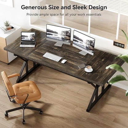 LITTLE TREE 70.8-Inch Large Executive Desk, Extra Long Computer Office Desk Workstation, Modern Simple Style Laptop Table, Sturdy Wooden Writing Workstation for Home Black Oak