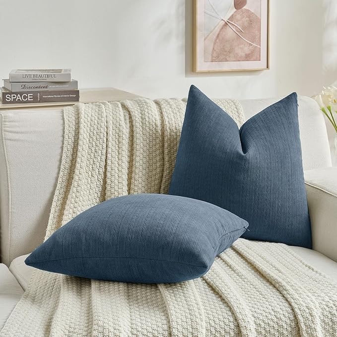 FUTEI Navy Blue Decorative Throw Pillow Covers 18x18 Inch Set of 2,Soft Cozy Wheat Ear Striped Patterns Cushion Cases,Modern Home Decor for Couch Bed Living Room