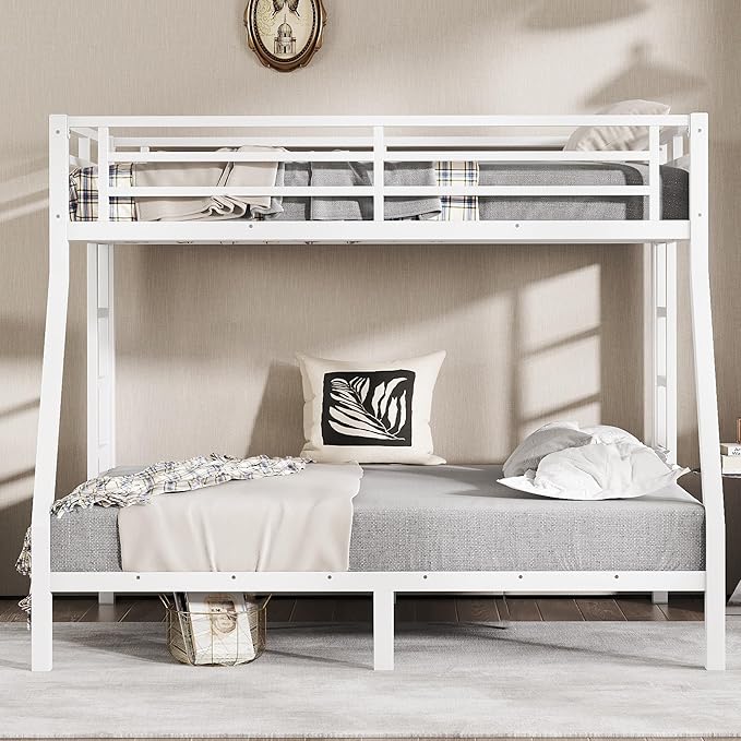 Bellemave Twin Over Full Bunk Bed for Teens, Twin Over Full Bunk Bed Frame with 2 Side Ladder and Full Length Guardrail, Easy Assemble Bunkbeds, Noise Reduced, Mattress Not Included, White