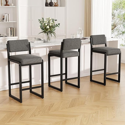 Bar Stools, Fabric Counter Height Bar Stools with High Back and Metal Legs, Upholstered Bar Chairs, 26" Modern Barstools for Kitchen Island, Grey