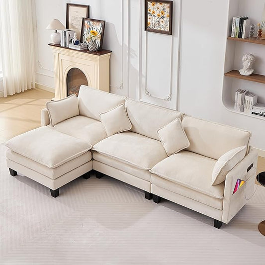 108" Modular Sectional Couches for Living Room with Ottoman, L Shaped Cloud Couch with Charger, USB & Type-c Port, Comfy 4 Seats Sofas with Deep Seat, Chenille Fabric, Beige
