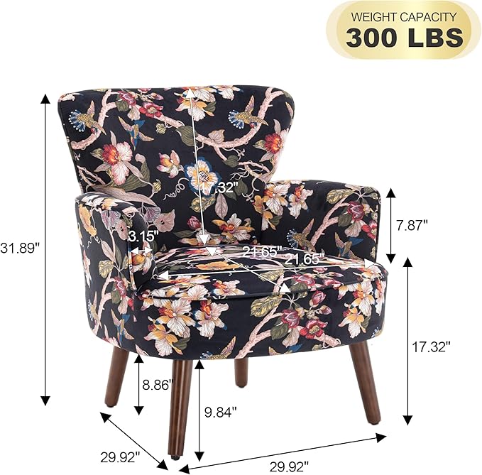 Floral Accent Chair, Upholstered Living Room Chairs with Solid Wood Legs, Mid Century Modern Velvet High Back Armchair for Living Room, Bedroom, Black