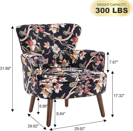 Floral Accent Chair, Upholstered Living Room Chairs with Solid Wood Legs, Mid Century Modern Velvet High Back Armchair for Living Room, Bedroom, Black