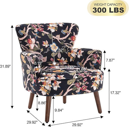 Floral Accent Chair Set of 2, Upholstered Living Room Chairs with Solid Wood Legs, Mid Century Modern Velvet High Back Armchair for Bedroom, Living Room, Black