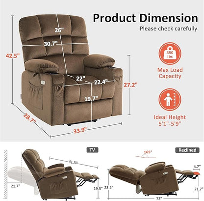 MCombo Dual Motor Power Lift Recliner Chair with Massage and Heat for Elderly People, Infinite Position, USB Ports, Cup Holders, Fabric 7679 (Medium, Brown)