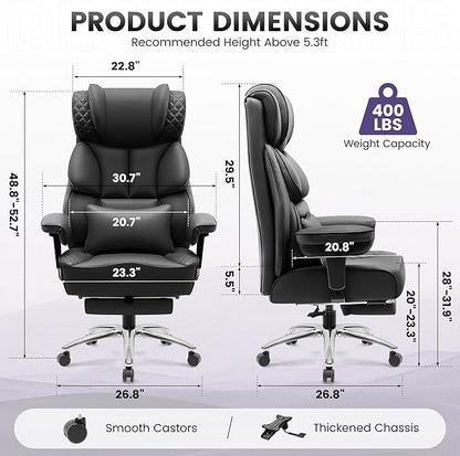 Office Desk Chair, Big and Tall Leather Gaming Chair with Footrest, Wide Ergonomic Comfy Executive High-Back Reclining Computer Chairs, Swivel Rolling Wheels and Lumbar Support, Matte Black