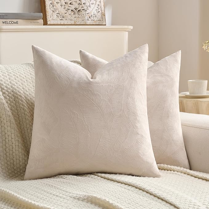 FUTEI Beige Velvet Throw Pillow Covers 24x24 Inch Set of 2,Soft Embossed Leaf-Relief Textured European Cushion Cases,Natural Home Decor for Couch Living Room