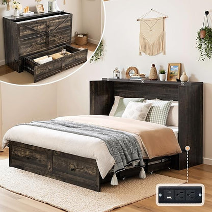 Queen Murphy Bed with Storage and Charging Station, Farmhouse Cabinet Bed, Noise-Free, for Guest Room, Apartment, or Office, Black Oak