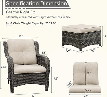 4 Pieces Patio Conversation Set, Wicker Chairs Set of 2 and Two Ottomans with 3.5-inch Seat Cushions, High Back and Curved Armrest for Backyard, Balcony and Deck, Beige