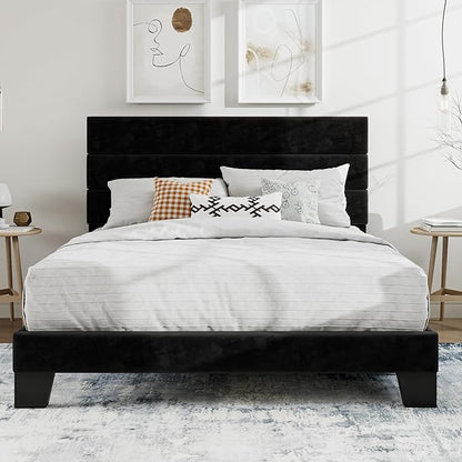 SHA CERLIN Full Platform Bed Frame with Velvet Upholstered Headboard, Mattress Foundation with Strong Wooden Slats Support, No Box Spring Needed, Black