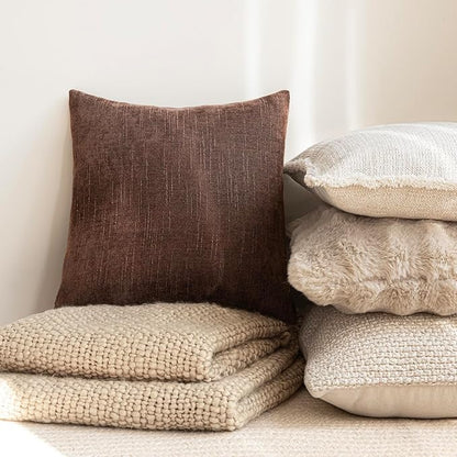 Foindtower Pack of 2 Soft Textured Chenille Throw Decorative Pillow Covers Square Accent Solid Cushion Cover Cozy Neutral Farmhouse Pillow Case for Couch Sofa Bedroom Living Room 20x20 Inch,Red Brown