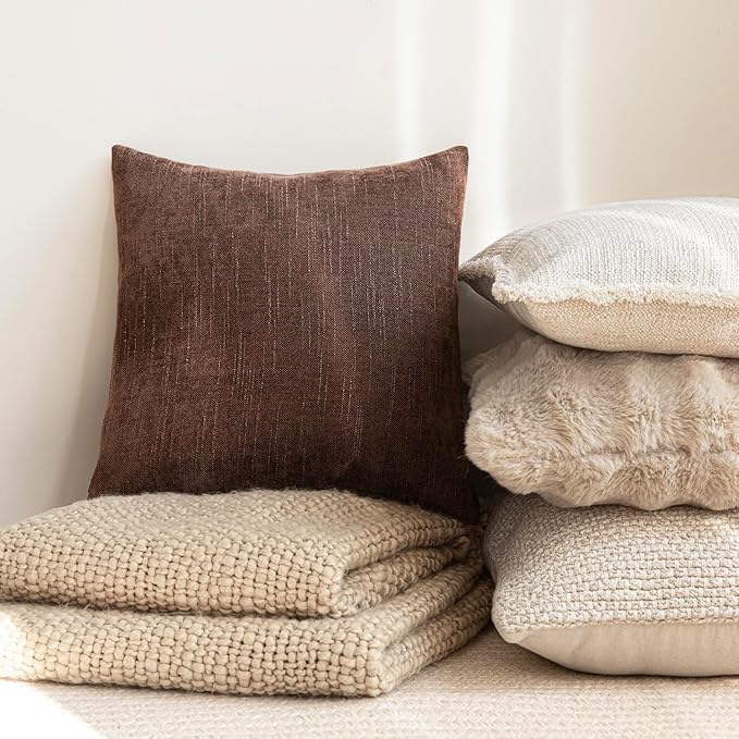 Foindtower Pack of 2 Soft Textured Chenille Throw Decorative Pillow Covers Square Accent Solid Cushion Cover Cozy Neutral Farmhouse Pillow Case for Couch Sofa Bedroom Living Room 18x18 Inch,Red Brown