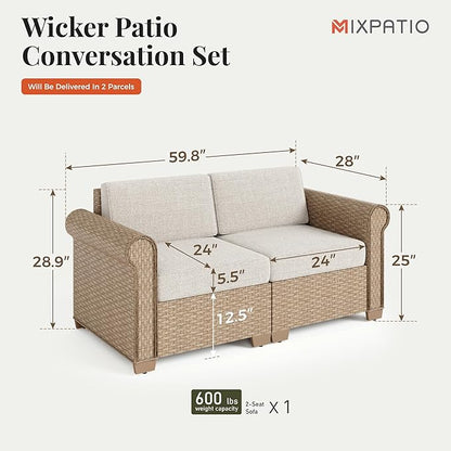 Patio Couch, 2-Piece Outdoor Rattan Wicker Sofa with 5.5" Thick Waterproof Cushions Deck Backyard
