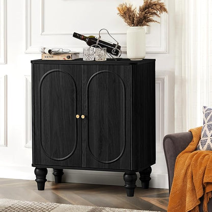 ORRD Fluted Storage Cabinet, Modern Credenza Wooden Accent Sideboard Buffet Cabinet Set of 2 with Adjustable Shelves and Solid Wood Legs, Console Table for Kitchen Dining Living Room Entryway, Black