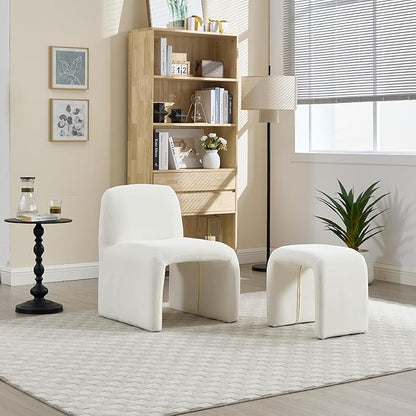 Accent Reading Chair with Ottoman, Chenille Upholstered Comfy Armless Accent Chair with Footrest Modern Side Lounger for Living Room Bedroom, White