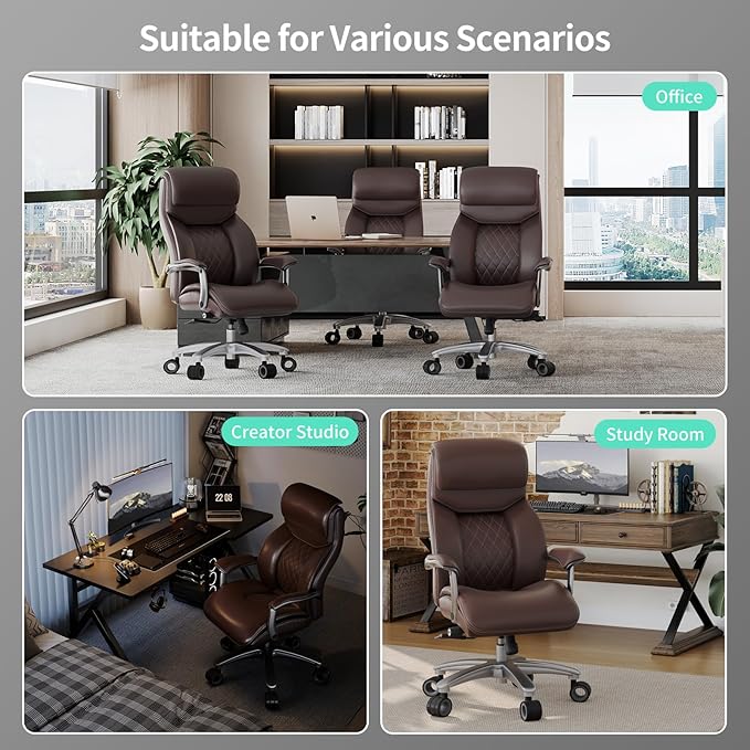 Big and Tall Office Chair with Wide Area Armrest, 600lbs Heavy Duty Desk Chair with Adjustable Lumbar Support, PU Leather High Back Ergonomic Executive Computer Chair with 3'' Silent Casters