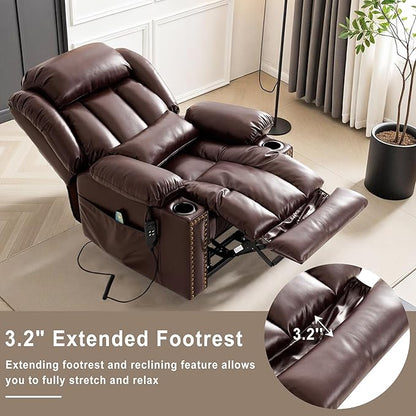 Dual Motor Large Power Lift Recliner Chair for Elderly with Heat and Massage,Lay Flat Lift Chairs Recliners for Seniors Infinite Position,USB Ports&Remote, Leather (Brown, Large)
