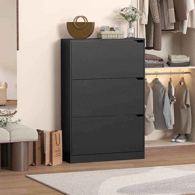 Shoe Storage Cabinet with 3 Flip Drawers, Slim Hidden Wood Shoe Cabinet Storage for Entryway, Freestanding Narrow Shoe Rack Organizer with Adjustable Shelves for Foyer, Hallway, Black