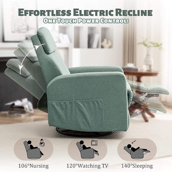Power Swivel Recliner Chairs for Adults, Electric Glider Rocking Chair Nursery, Glider Recliner Nursery Chair with Classified Side Pocket, Nursery Rocking Chairs with USB and Type-C Ports