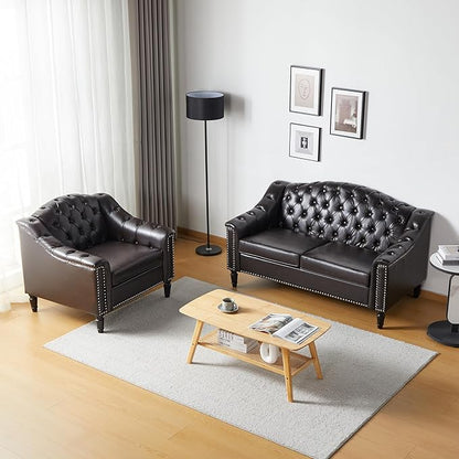 LEVNARY Chesterfield Loveseat Leather, Upholstered Sofa with Button-Tufted Back, Mid-Century Modern Sofa with Solid Wood Legs, 2 Seater Couches for Living Room (Brown)