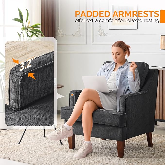 VINGLI Mid-Century Modern Accent Chair, Black Upholstered Armchair Comfy Sofa Chair Reading Chair High Back for Living Room Bedroom Furniture Apartment