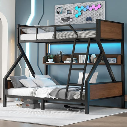 Bellemave Twin Over Full Bunk Bed with Storage Shelf and RGB LED Lights, Adults Bunk Bed with Angle Padded Ladder, Heavy Duty Bunk Beds with Noise-Reducing Rubber Stoppers, Black
