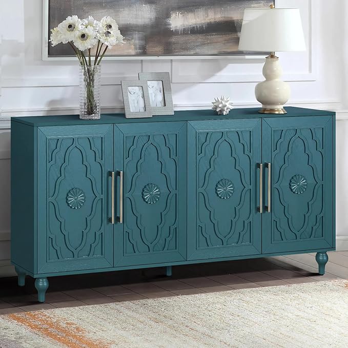 Sideboard Buffet Credenza for Living Room, 63" Blue Entryway Table with Storage Accent Cabinet, Carved Flowers Doors & Wire Holes