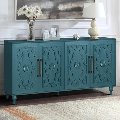 Sideboard Buffet Credenza for Living Room, 63" Blue Entryway Table with Storage Accent Cabinet, Carved Flowers Doors & Wire Holes