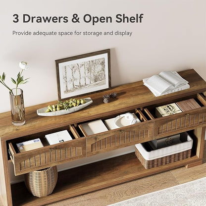LITTLE TREE 70.8-Inch Long Console Table with 3 Drawers, Farmhouse Narrow Entryway Table for Hallway, Entry, Behind Couch, Sofa, Entrance, Living Room, Foyer with Open Shelves Rustic Brown