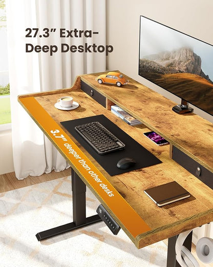 ErGear Electric Standing Desk with Drawers, 55″ x 28″ Gaming Table Compatible Monitor Stand, Stand up Desks, Home Office Height-Adjustable Desk with Storage Shelf, 4 Preset Heights, Vintage Brown
