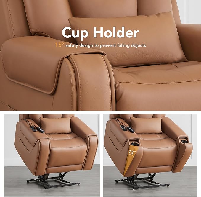 CHITA Electric Power Lift Recliner Chair for Elderly with Massage and Heat, Large Lay Flat Genuine Leather Recliner Chair with Cup Holders, USB Ports, Power Headrest, Independent Backrest, Saddle