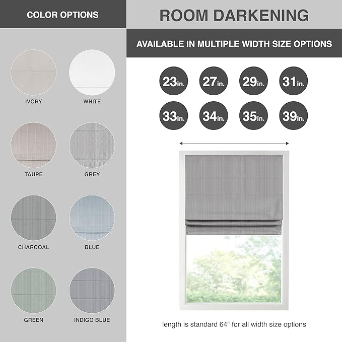 Madison Park Galen Cordless Roman Shade, 31"W x 64"H, Sheen Grey – Room Darkening, Thermal Insulated, Energy Efficient Window Blind with Subtle Sheen Basketweave Fabric for Privacy