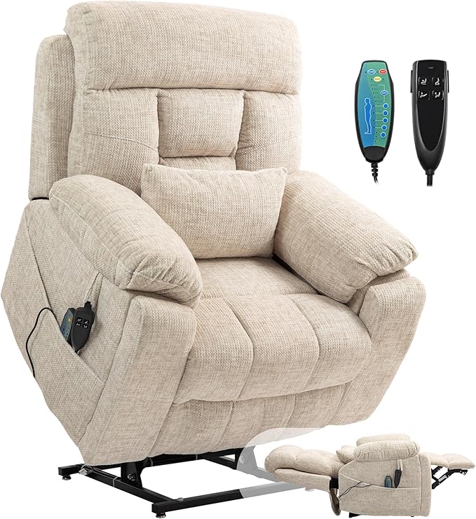 Power Lift Chair Lay Flat Recliner Infinite Position Electric Dual Motor Stand Up Lift Chair with Massage and Heat for Adults,Heavy Duty Recliners with 2 Remote Controls and Two Cup Holders