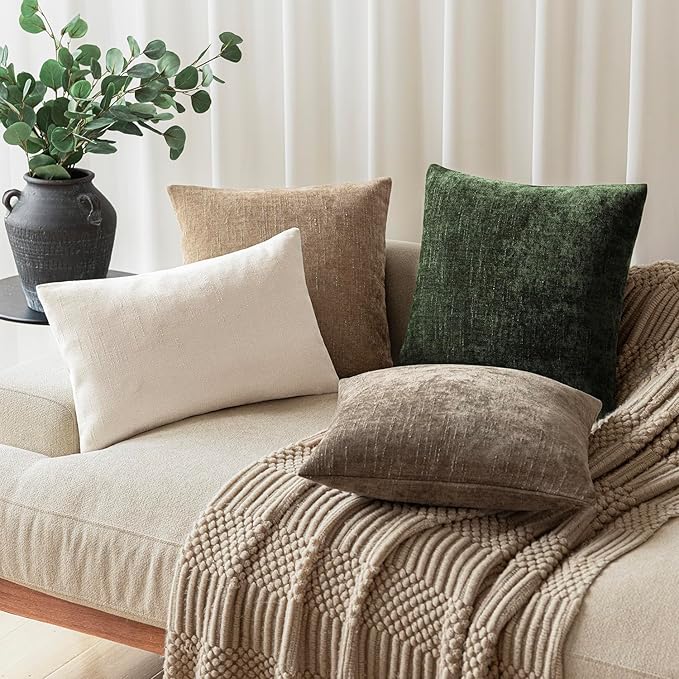 Foindtower Pack of 2 Soft Textured Chenille Throw Decorative Pillow Covers Square Accent Solid Cushion Cover Neutral Farmhouse Pillow Case for Couch Sofa Bedroom Living Room 24x24 Inch,Dark Green