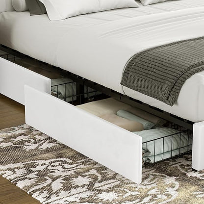 VECELO Queen Size Upholstered Bed Frame with 4 Drawers and Headboard, Velvet Platform Storage Bedframe, Wooden Slats Support, No Box Spring Needed,Snow-White