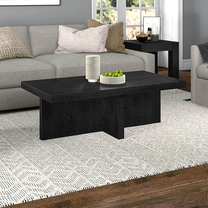 Henn&Hart 44" Fluted Rectangular Wood Pedestal Low-Profile Coffee Table for Living Room, Family Room or Office, Black Grain