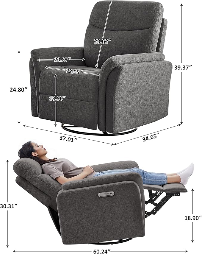VANOMi Power Recliner Chair Swivel Glider, Electric Rocking Recliner Chairs with USB and Type-C Ports, Nursery Chair Recliner for Office, Living Room, Bedroom（Dark Gray）