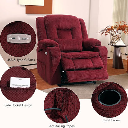 EONIX Lay Flat Power Lift Recliner Chair with Heat and Massage, Dual Motor Electric Lift Chair for Elderly for Postoperative Recovery, 400lbs Heavy Duty, Cup Holders, Lumbar Pillow, Burgundy