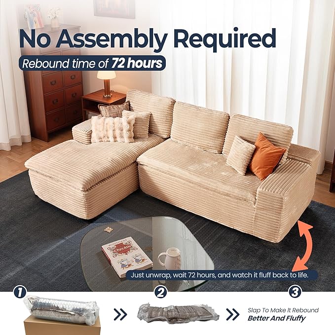 106" Oversized Couch Sofa, L Shape Couches for Living Room, No Assembly Required Plush Velvet Sectional Sofas with Left Facing Chaise for Home Apartment
