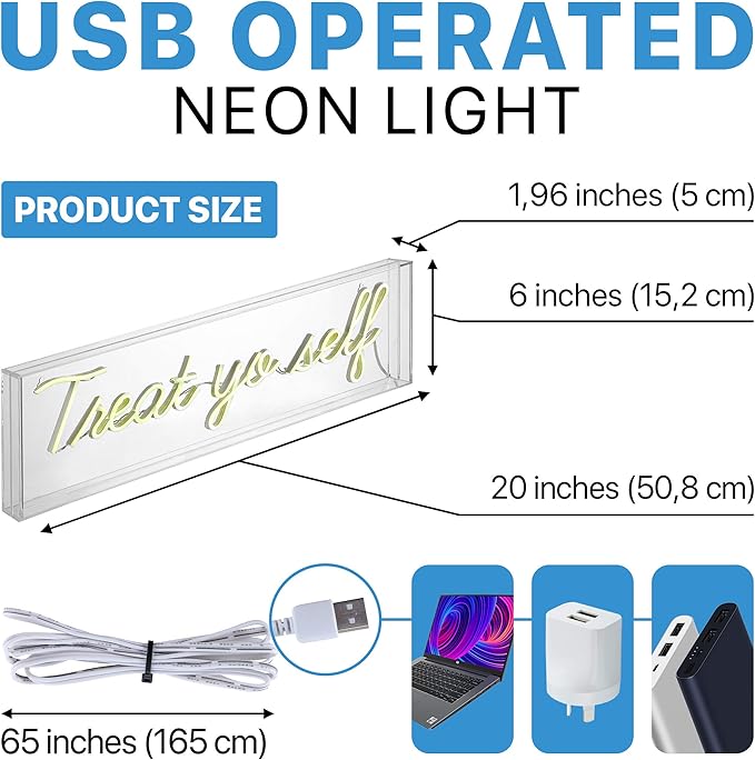 JONATHAN Y NEN1008A Treat Yo Self 20" Contemporary Glam Acrylic Box USB Operated LED Neon Light, Yellow Plug in Wall Light for Bedroom Wall Décor, Kids Bedroom, Party Supplier