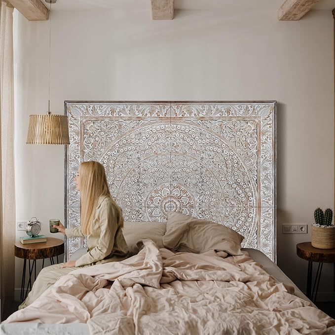 Super King Wood Headboard Rustic | Carved Full Head Board Only | Wooden Behind Bed Decor Full Size Bed | Wall Mount Wood Art | Headboard Panels (Malawi Antic, Super King)