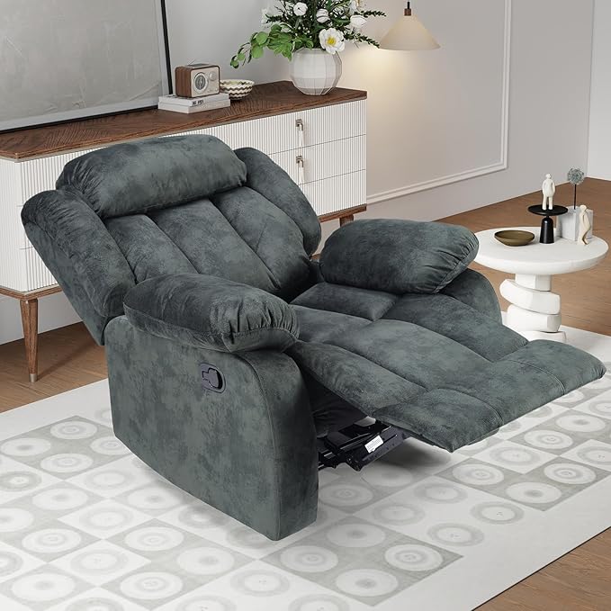 INZOY Manual Recliner Chair with Padded Armrest, Wall-Hugger Single Sofa Recliners with Overstuffed Back, Classical Fabric Reclining Chairs for Living Room Theater Seating, Grey