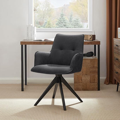 Art Leon Accent Chair Set of 2 - Mid Century Modern Desk Chair No Wheels, Faux Leather Upholstered Office Chair with Black Oak Wood Legs for Small Space Living Room Bedroom, Black