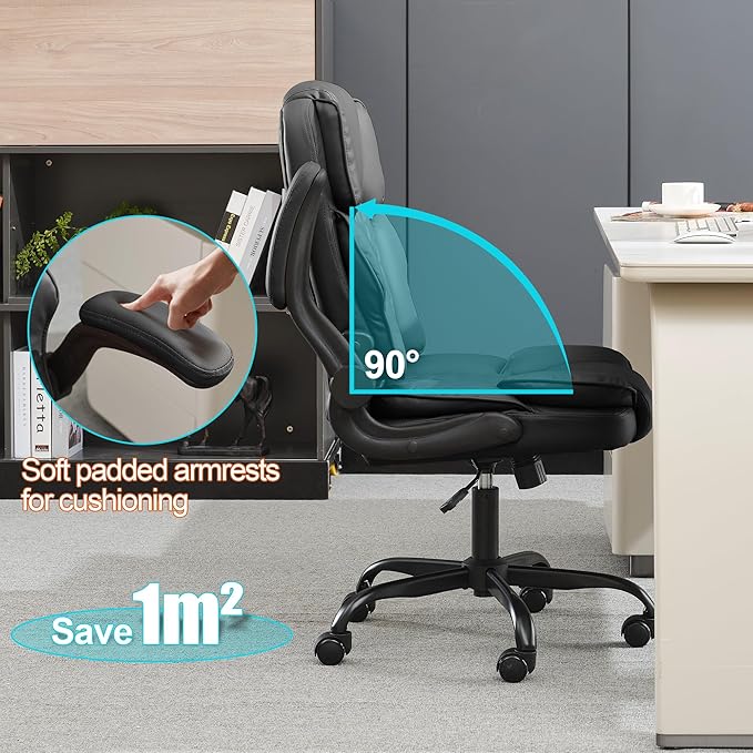Office Desk Chair, Conference Room Chairs, Mid Back Executive Leather Chair,Ergonomic Home Computer Chair, Modern Office Chair with Adjustable Flip-Up Arms and Rocking Function (Black)