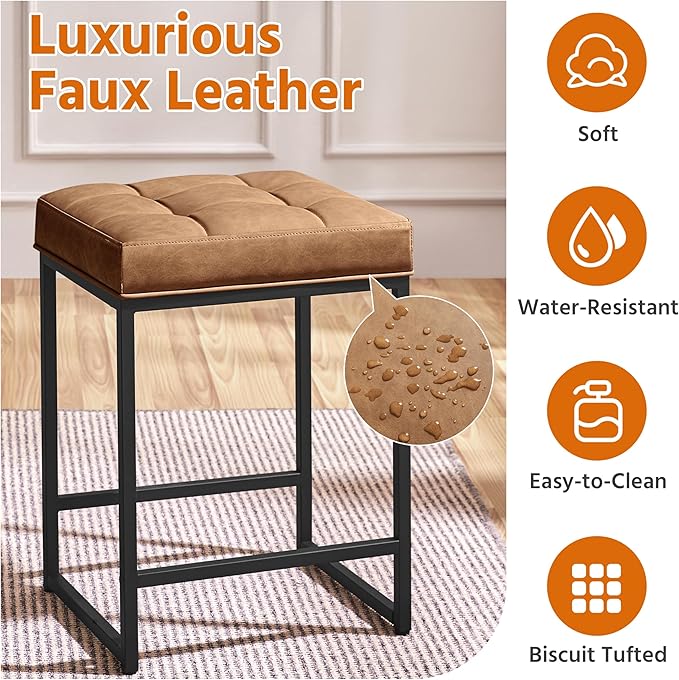Yaheetech 24" Leather Bar Stools Set of 4, Kitchen Counter Height Bar Chairs Stools, for Kitchen Island, Dining Room, Brown