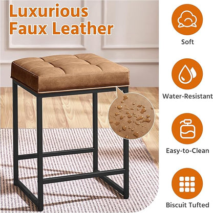 Yaheetech Bar Stools Set of 2, 24 Inch Counter Height Bar Stools Set, Backless Kitchen Island Stools, Faux Leather Stools for Kitchen Island, Brown